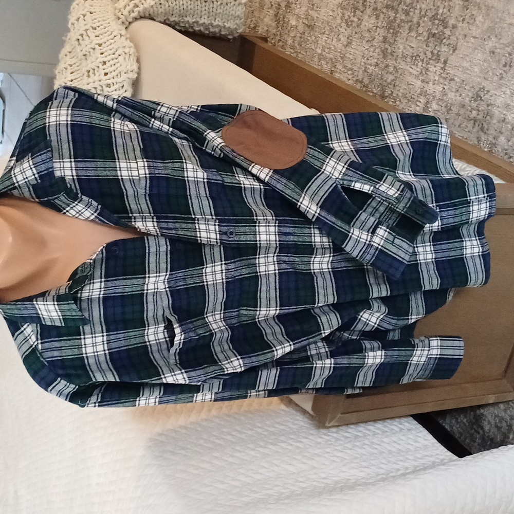 Pendleton Hawthorne flannel patch elbows L blue green